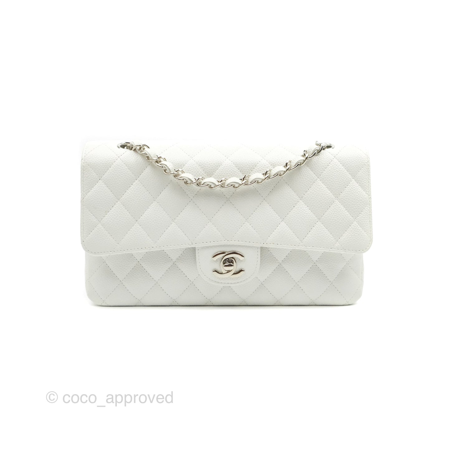 Chanel Quilted M/L Medium Double Flap White Caviar Silver Hardware