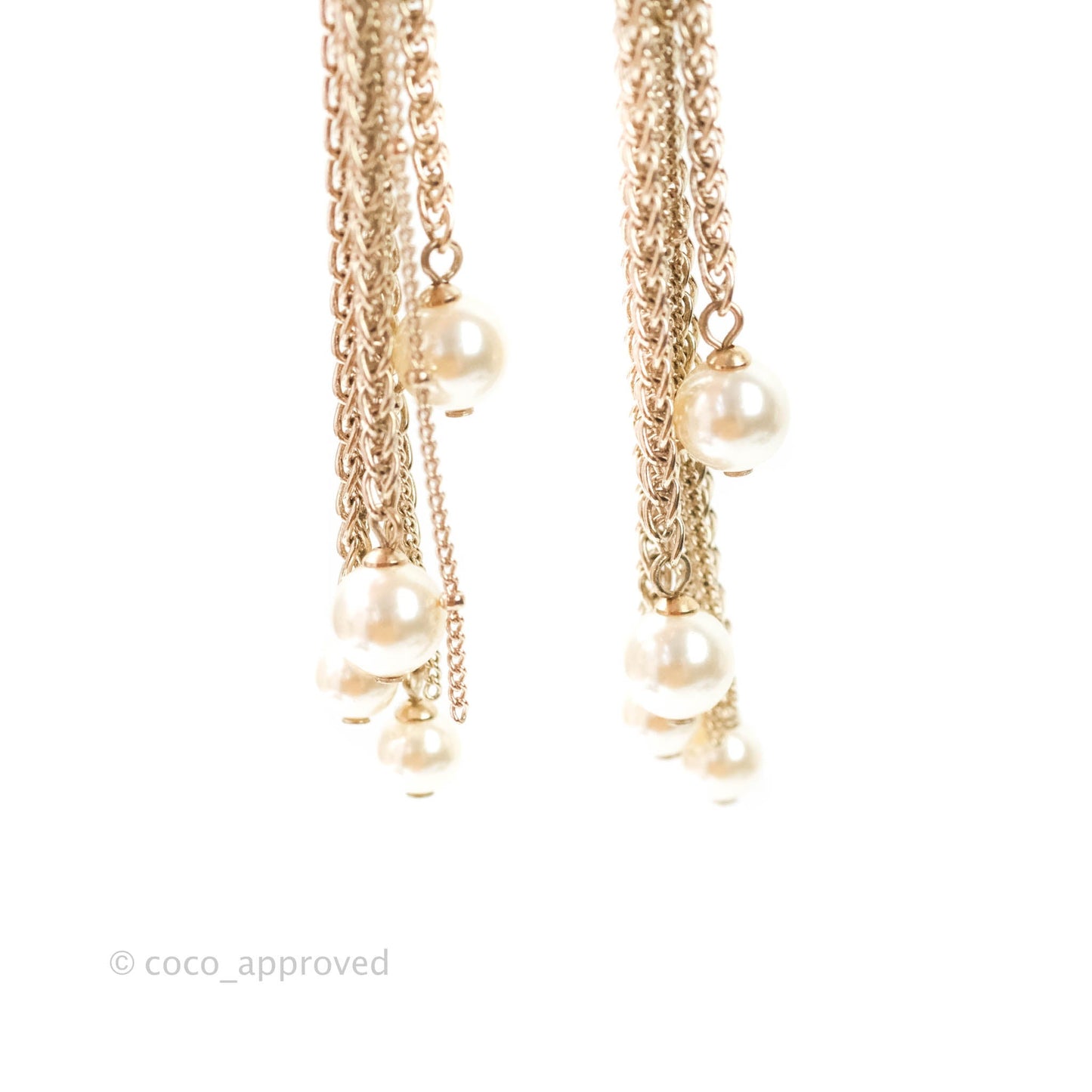 Chanel CC Pearl Chains Drop Earrings Gold Tone 20V
