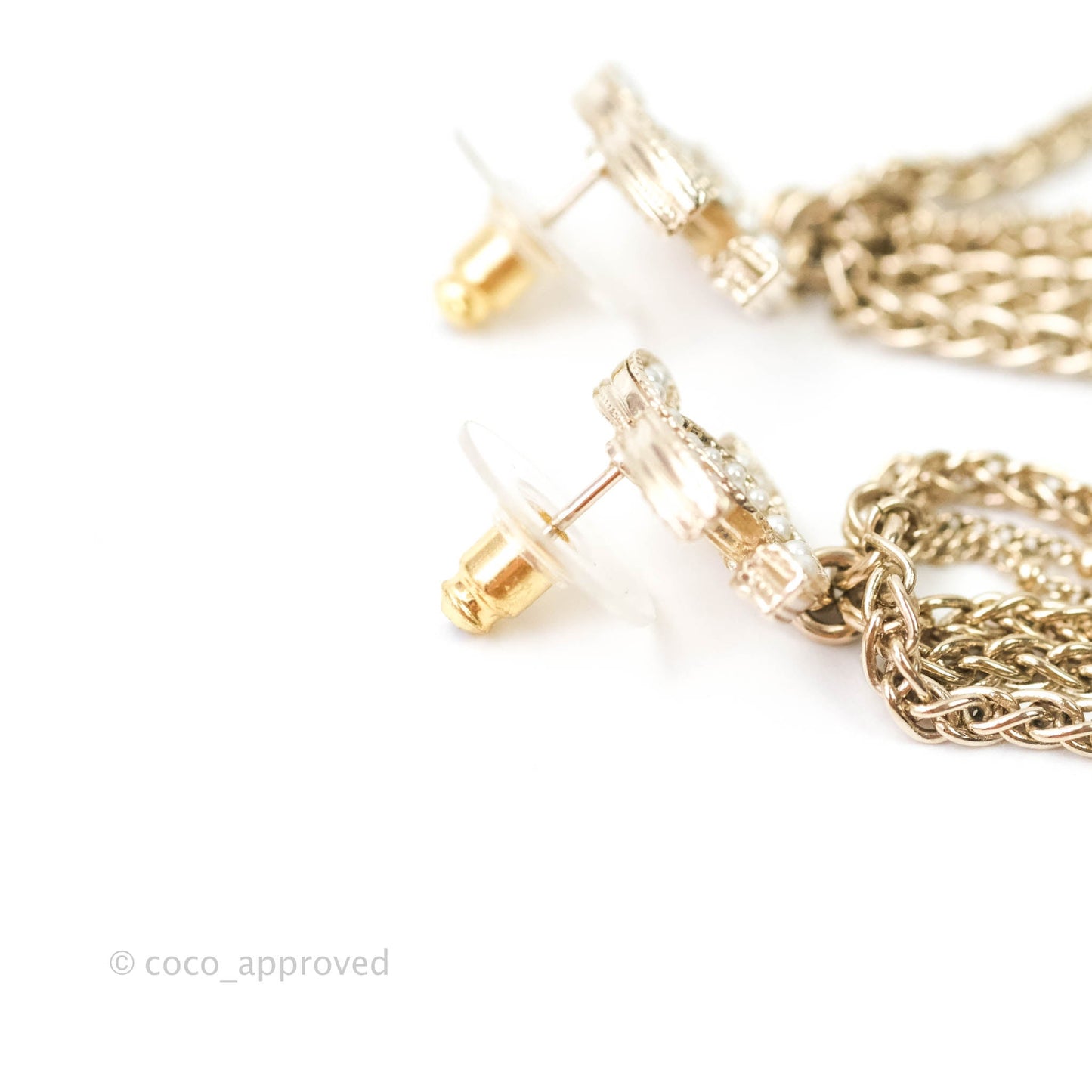 Chanel CC Pearl Chains Drop Earrings Gold Tone 20V