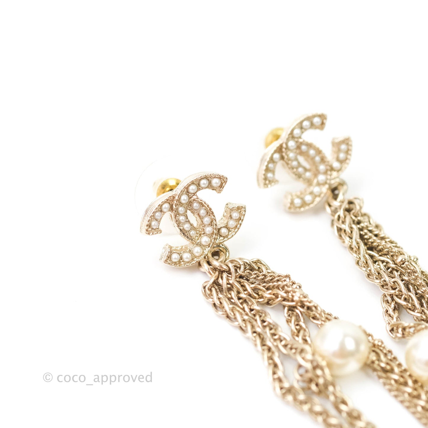 Chanel CC Pearl Chains Drop Earrings Gold Tone 20V