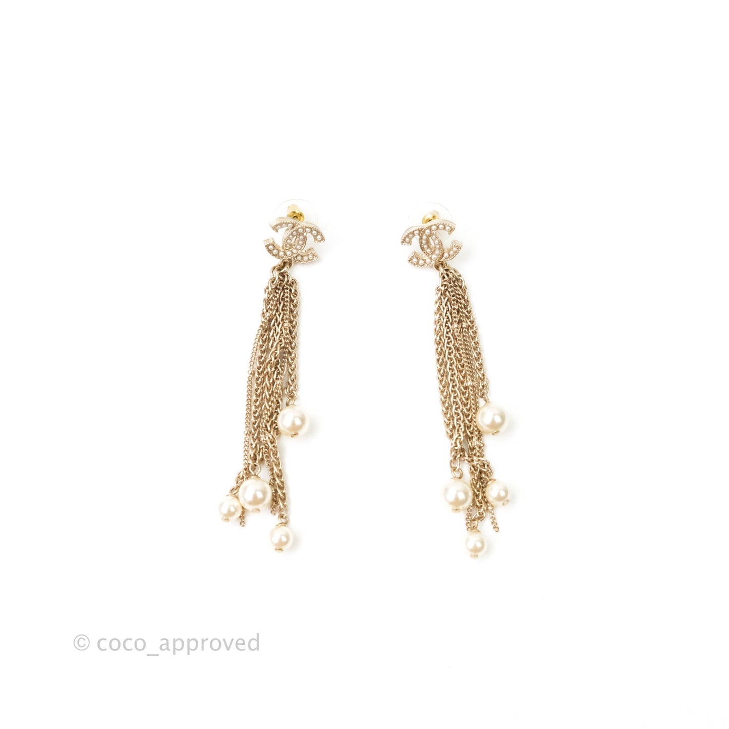 Chanel CC Pearl Chains Drop Earrings Gold Tone 20V