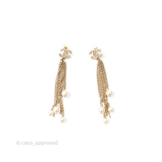 Chanel CC Pearl Chains Drop Earrings Gold Tone 20V