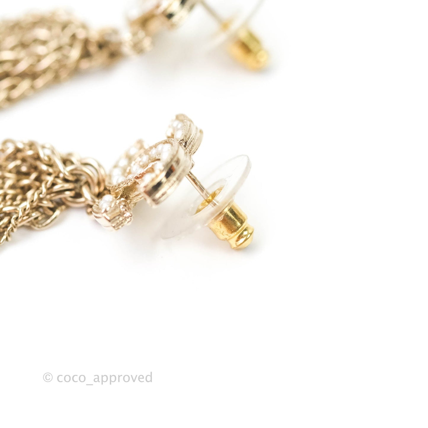 Chanel CC Pearl Chains Drop Earrings Gold Tone 20V