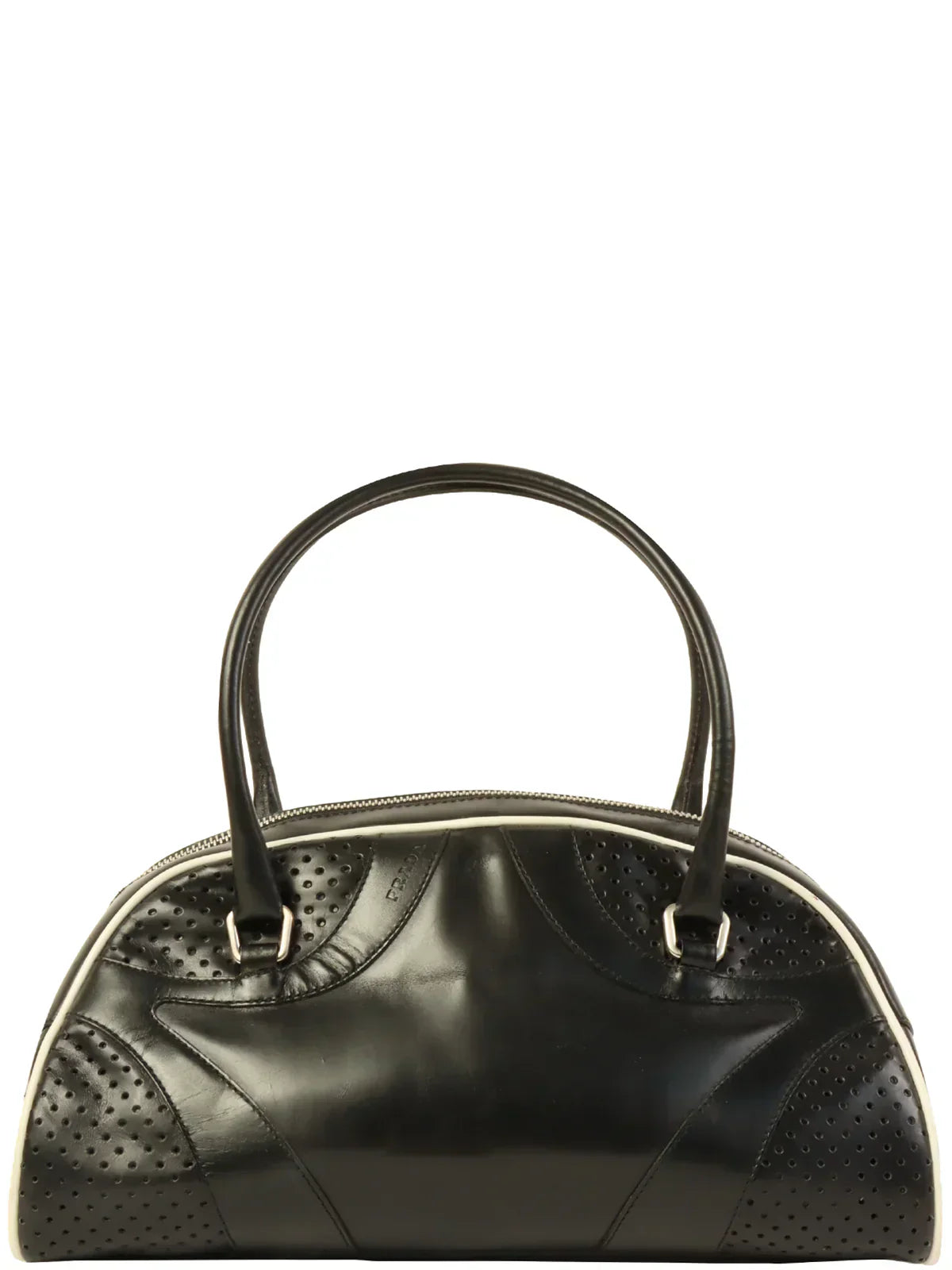 Luxury PradaPunching Leather Logo Embossed Top Handle Bag Black