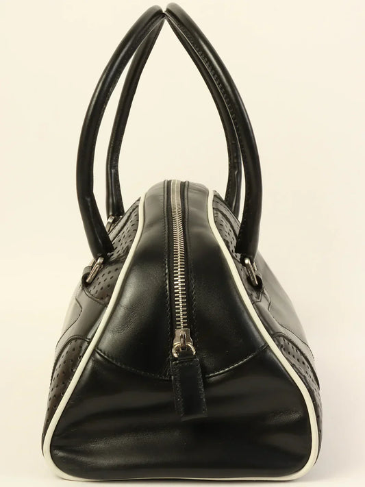 Luxury PradaPunching Leather Logo Embossed Top Handle Bag Black
