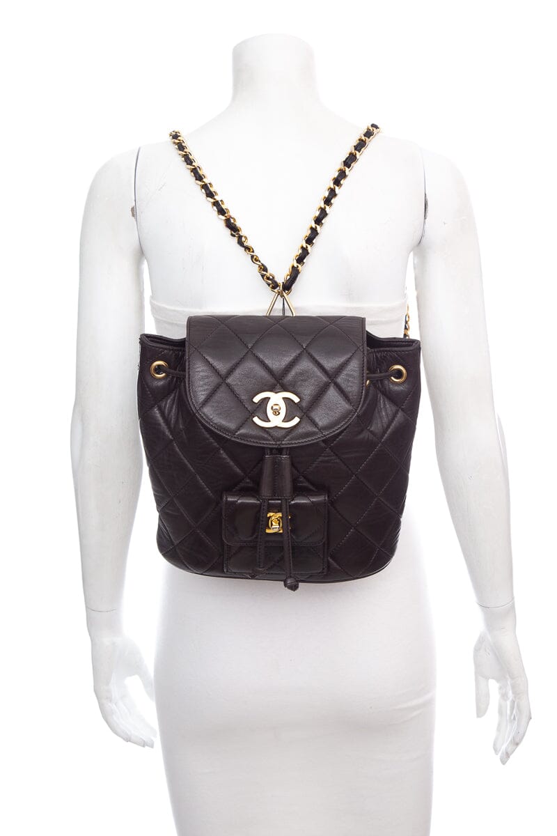 Luxury Chanel Vintage Black Lambskin Quilted Drawstring Backpack