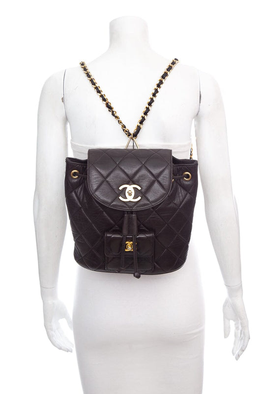 Luxury Chanel Vintage Black Lambskin Quilted Drawstring Backpack
