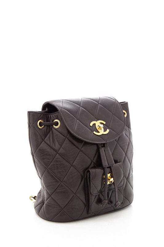 Luxury Chanel Vintage Black Lambskin Quilted Drawstring Backpack