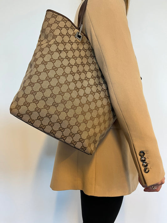 Luxury Gucci Jacquard x Leather Tote