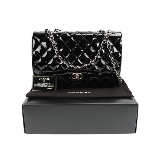 SALE Luxury Chanel Classic Single Flap Jumbo Black Patent Leather Silver