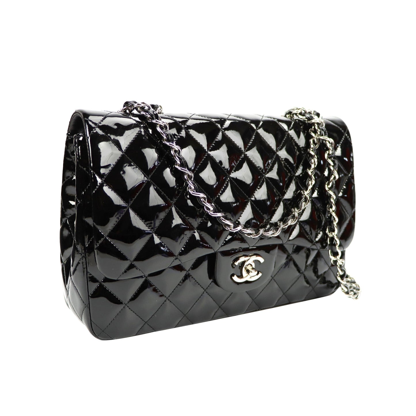 SALE Luxury Chanel Classic Single Flap Jumbo Black Patent Leather Silver