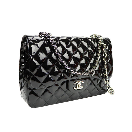 SALE Luxury Chanel Classic Single Flap Jumbo Black Patent Leather Silver