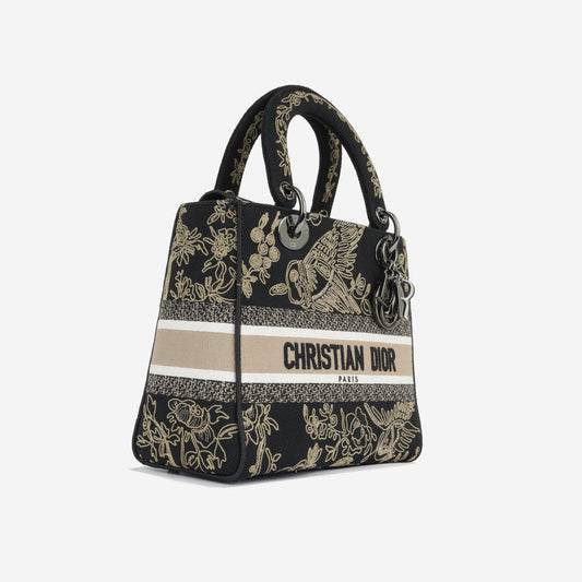 Luxury Dior Medium Lady D-Lite - Black Embroidered Toile