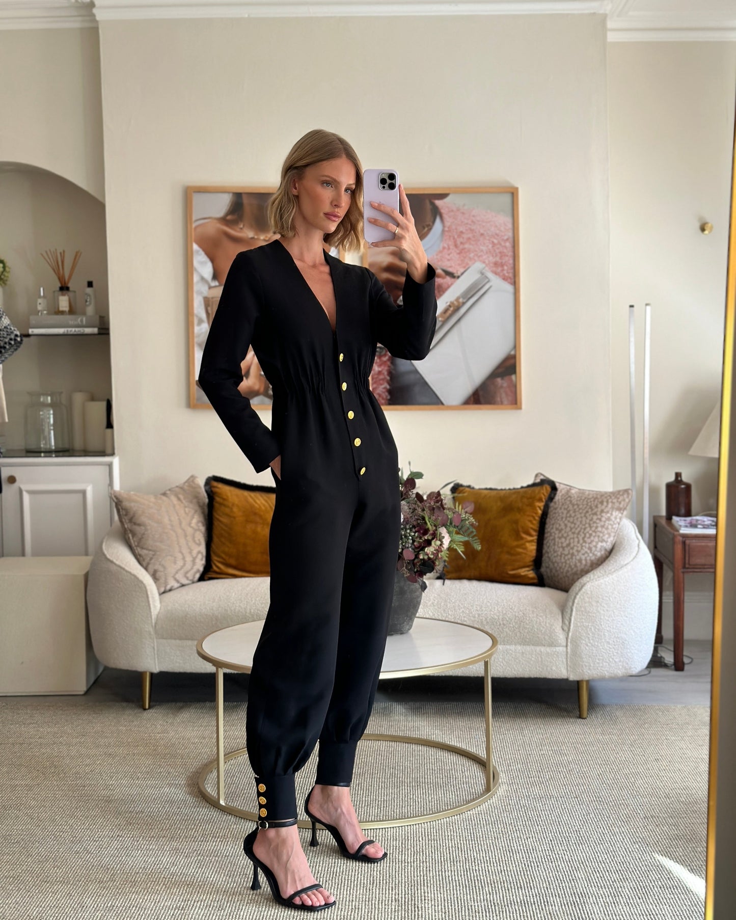 Luxury Gucci Trending 2025 Black Long-Sleeve V-Neck Jumpsuit with Gold Button Detail Size IT 38