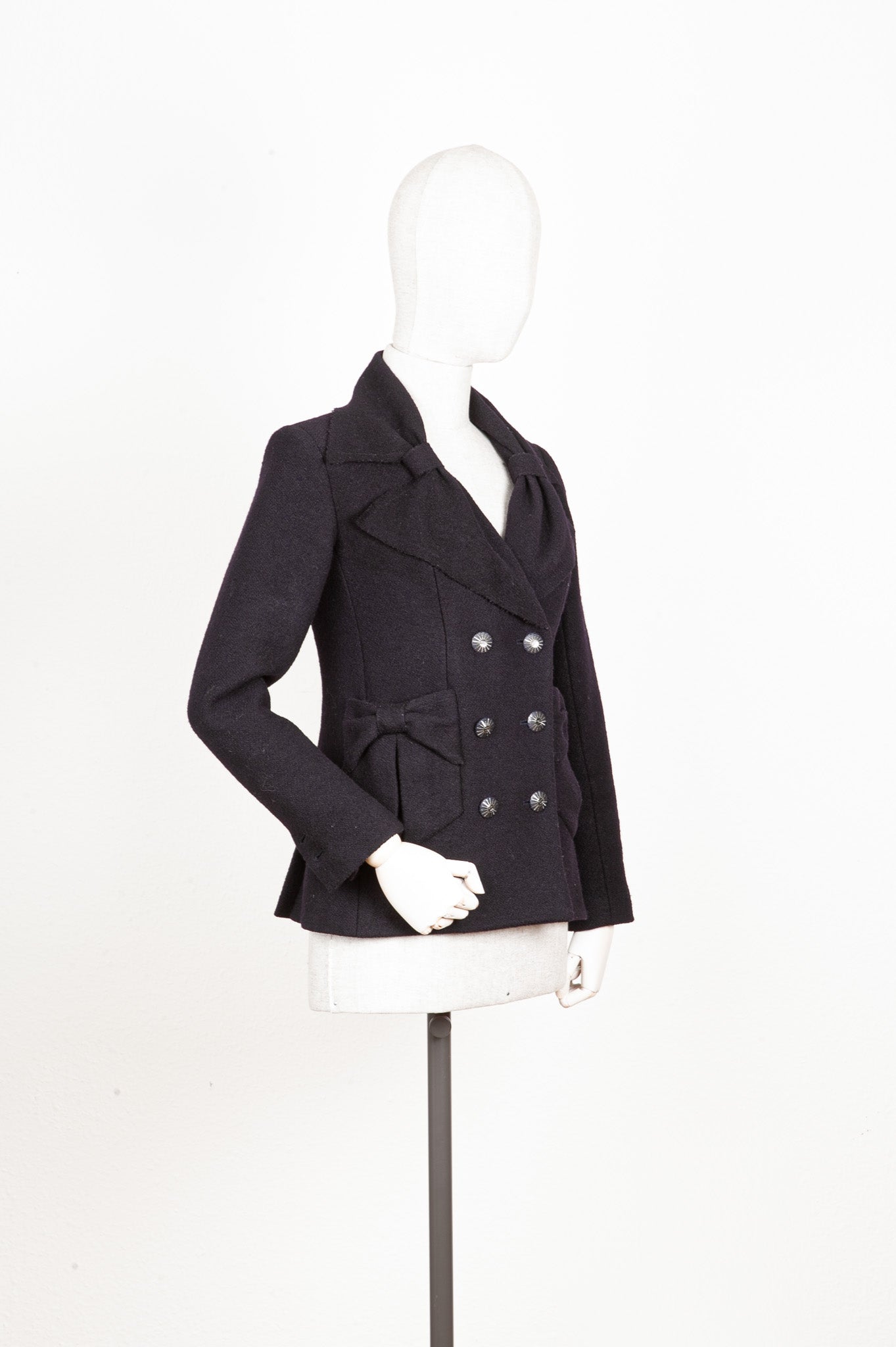 CHANEL Jacket Bow Pockets Tweed Navy