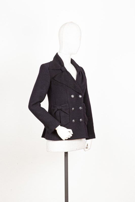CHANEL Jacket Bow Pockets Tweed Navy