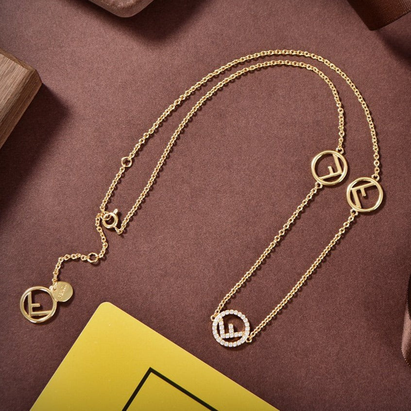 Luxury FendiF LOGO 3 MOTIF GOLD DIAMOND NECKLACE