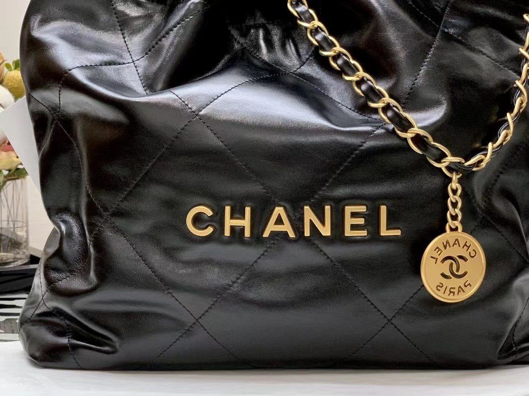 Luxury Chanel HOBO BAG 22 BLACK LAMBSKIN GOLD HARDWARE