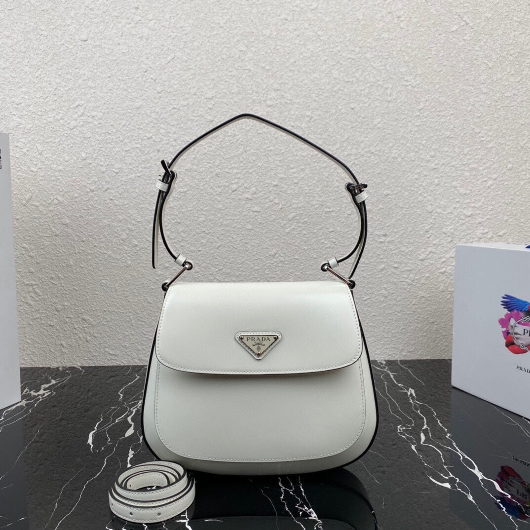 Luxury PradaCLEO 24 WHITE BLACK BRUSHED LEATHER SHOULDER BAG