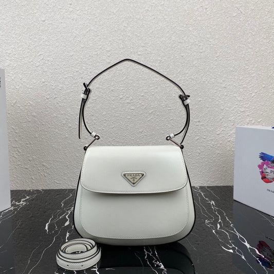 Luxury PradaCLEO 24 WHITE BLACK BRUSHED LEATHER SHOULDER BAG
