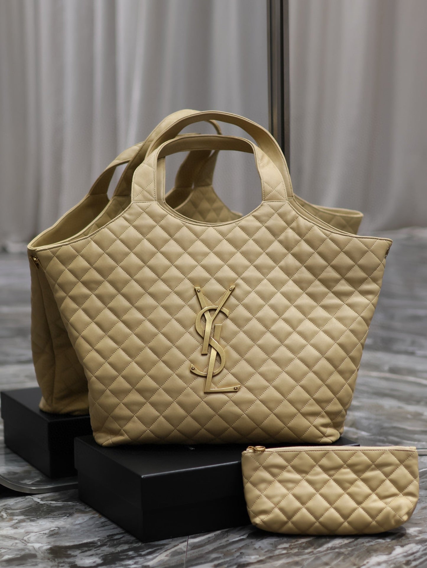 Luxury Saint Laurent ICARE MAXI SHOPPING BAG IN QUILTED BEIGE LAMBSKIN