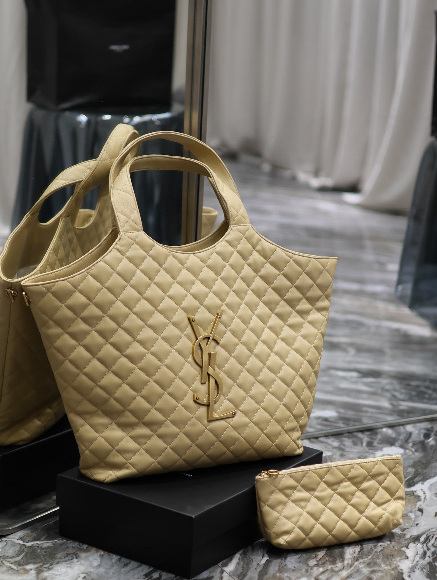 Luxury Saint Laurent ICARE MAXI SHOPPING BAG IN QUILTED BEIGE LAMBSKIN