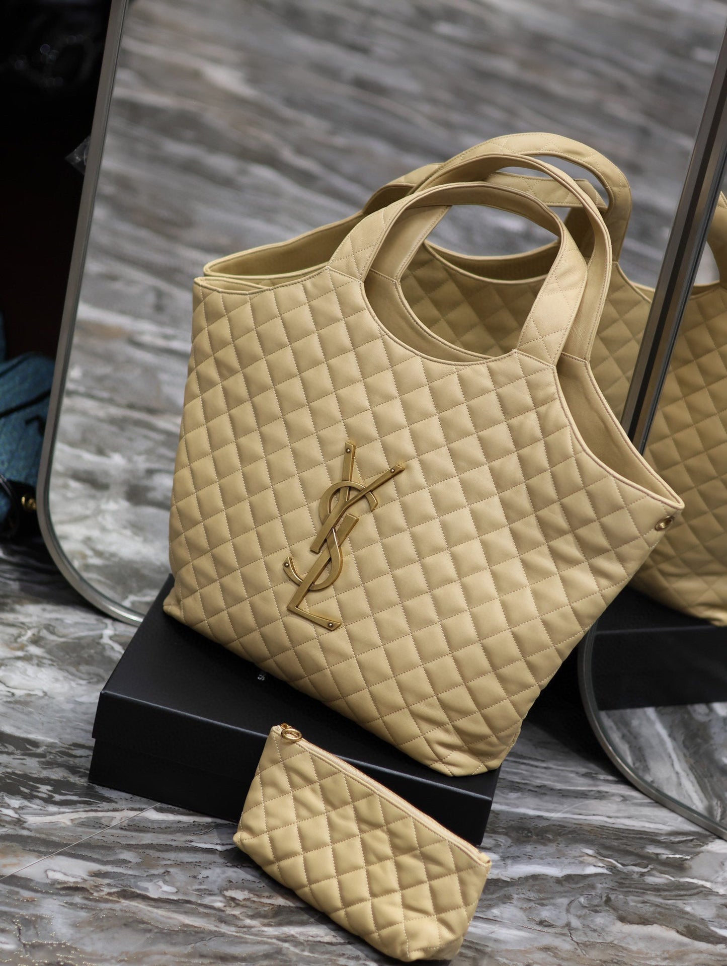 Luxury Saint Laurent ICARE MAXI SHOPPING BAG IN QUILTED BEIGE LAMBSKIN