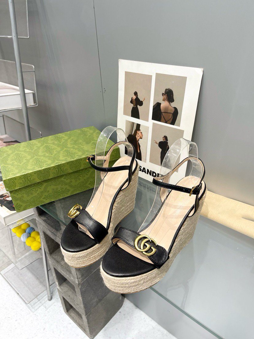 Luxury Gucci gg marmont sandal 140mm espadrilles black leather