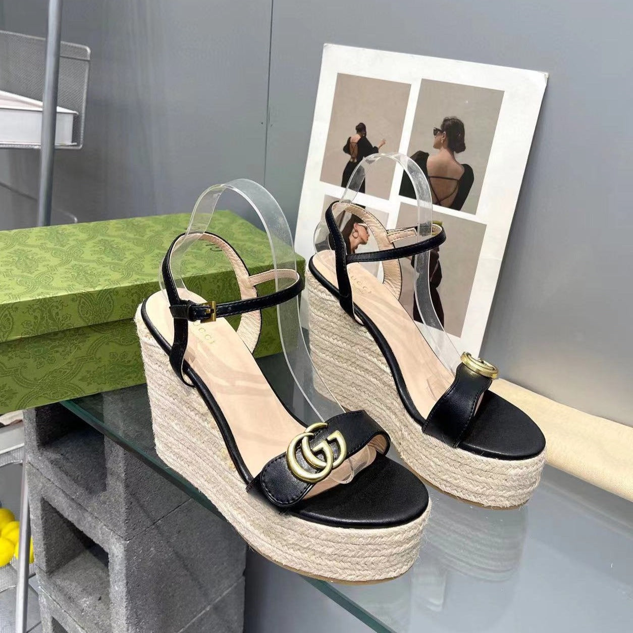 Luxury Gucci gg marmont sandal 140mm espadrilles black leather