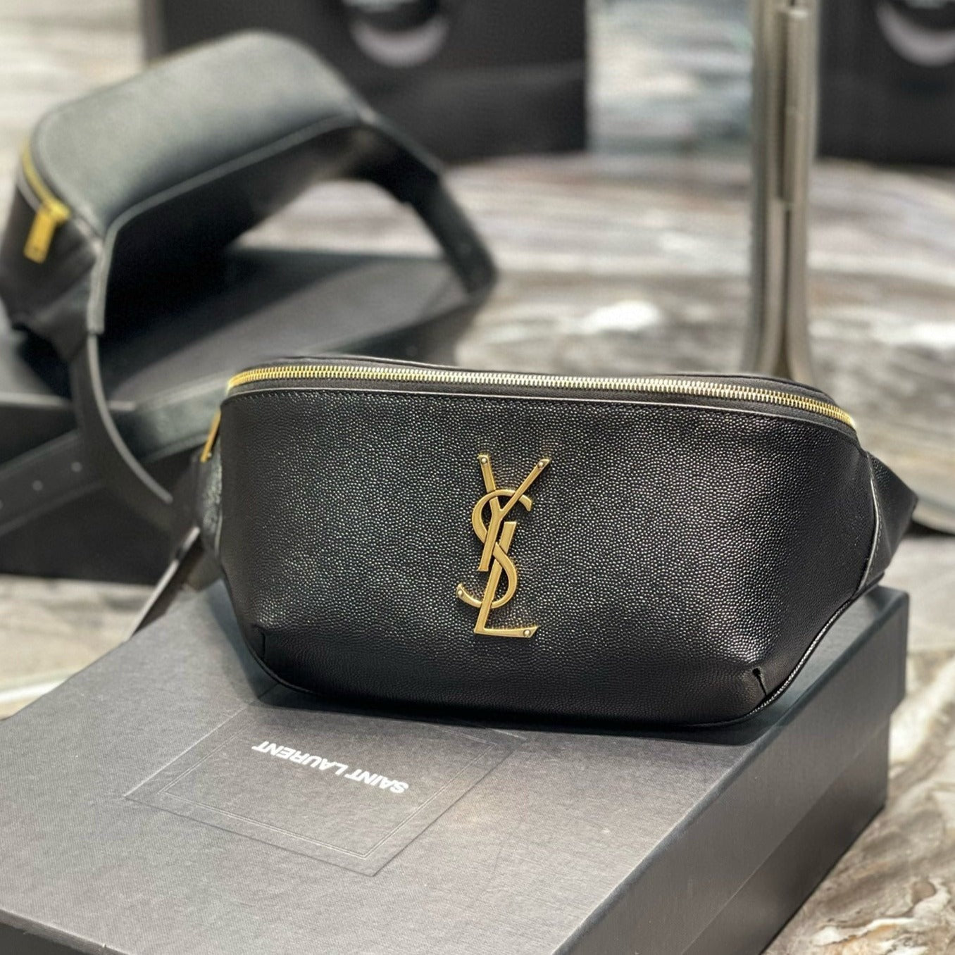 Luxury Saint Laurent cassandre classic black belt bag grained calfskin