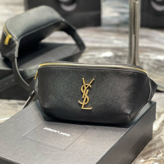 Luxury Saint Laurent cassandre classic black belt bag grained calfskin