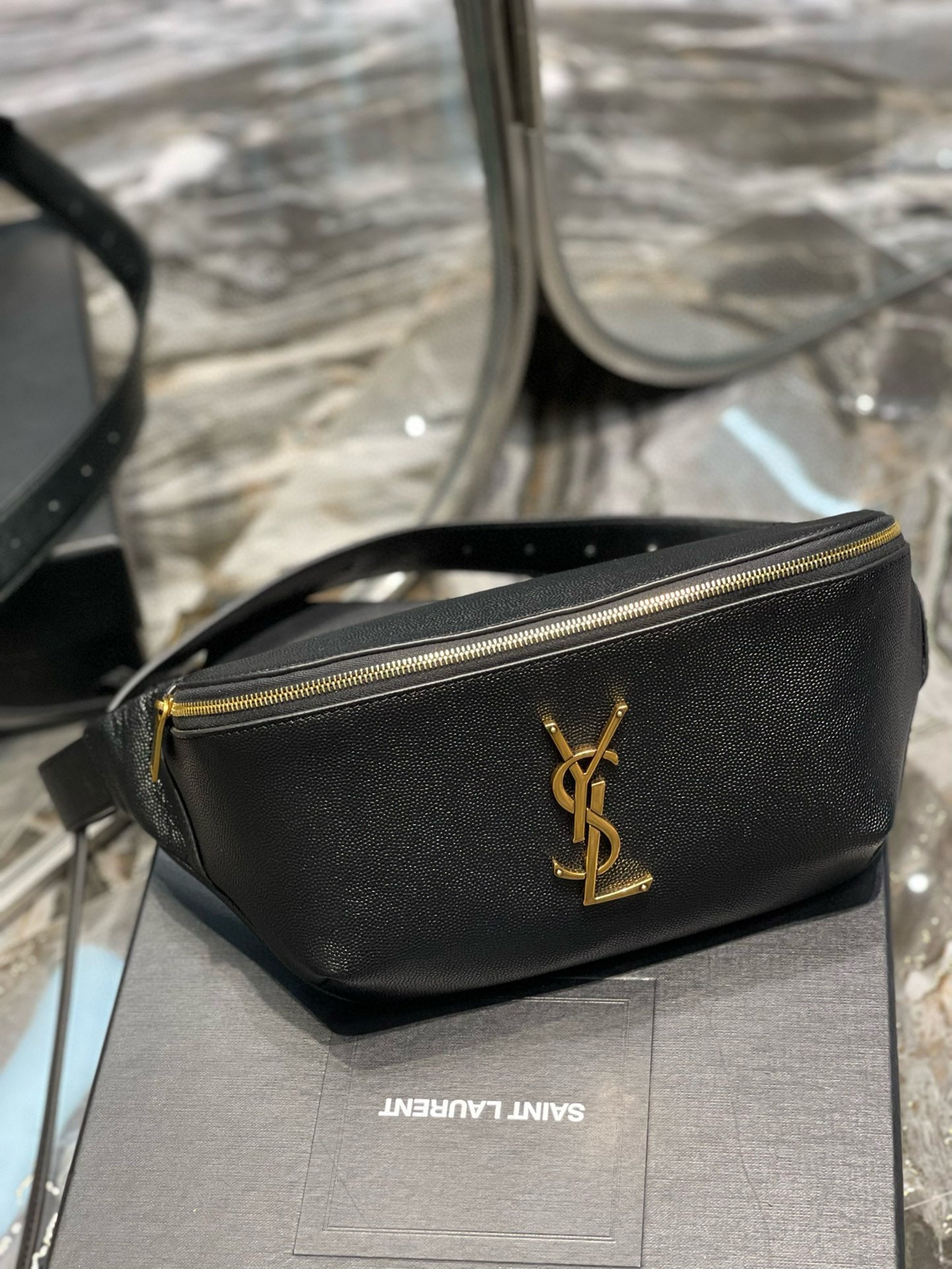 Luxury Saint Laurent cassandre classic black belt bag grained calfskin