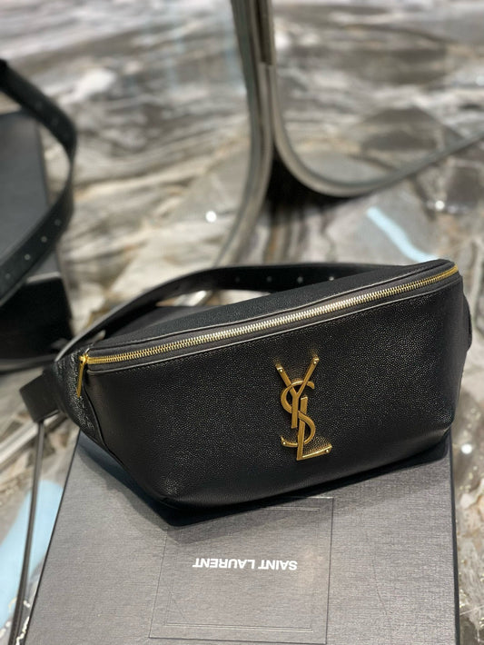 Luxury Saint Laurent cassandre classic black belt bag grained calfskin