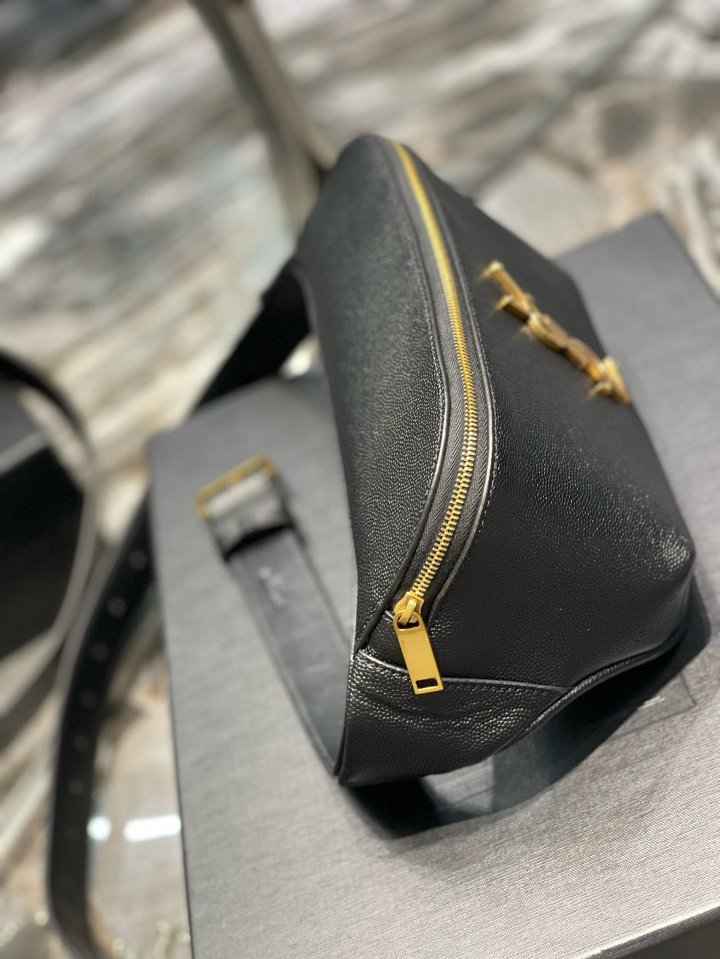 Luxury Saint Laurent cassandre classic black belt bag grained calfskin