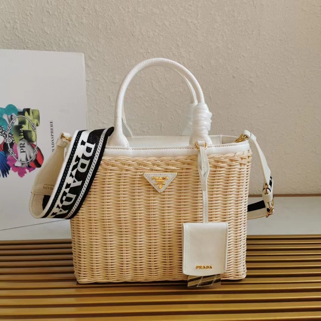 Luxury Pradamedium 26cm wicker and linen blend tote bag