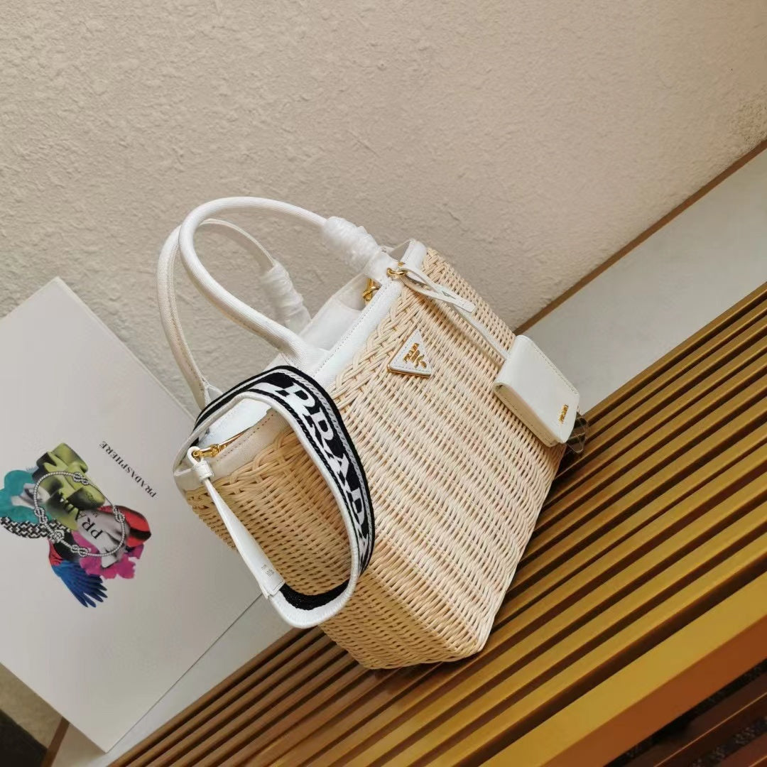 Luxury Pradamedium 26cm wicker and linen blend tote bag