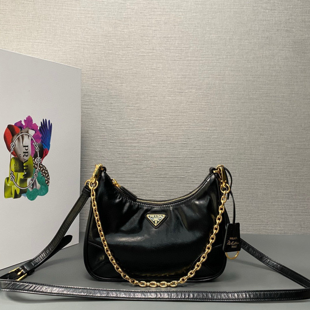 Luxury Pradahobo bag 22cm re-edition 2005 black calfskin