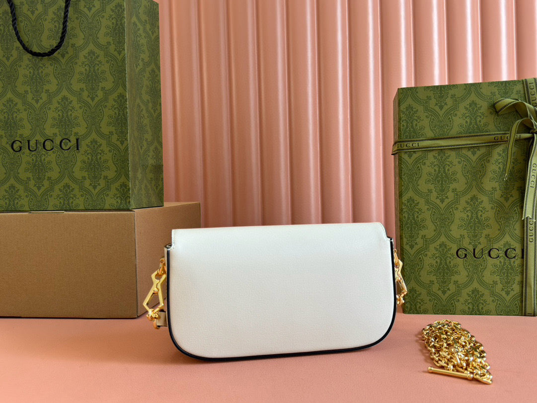 Luxury Gucci gg horsebit 1955 24cm small shoulder bag white calfskin