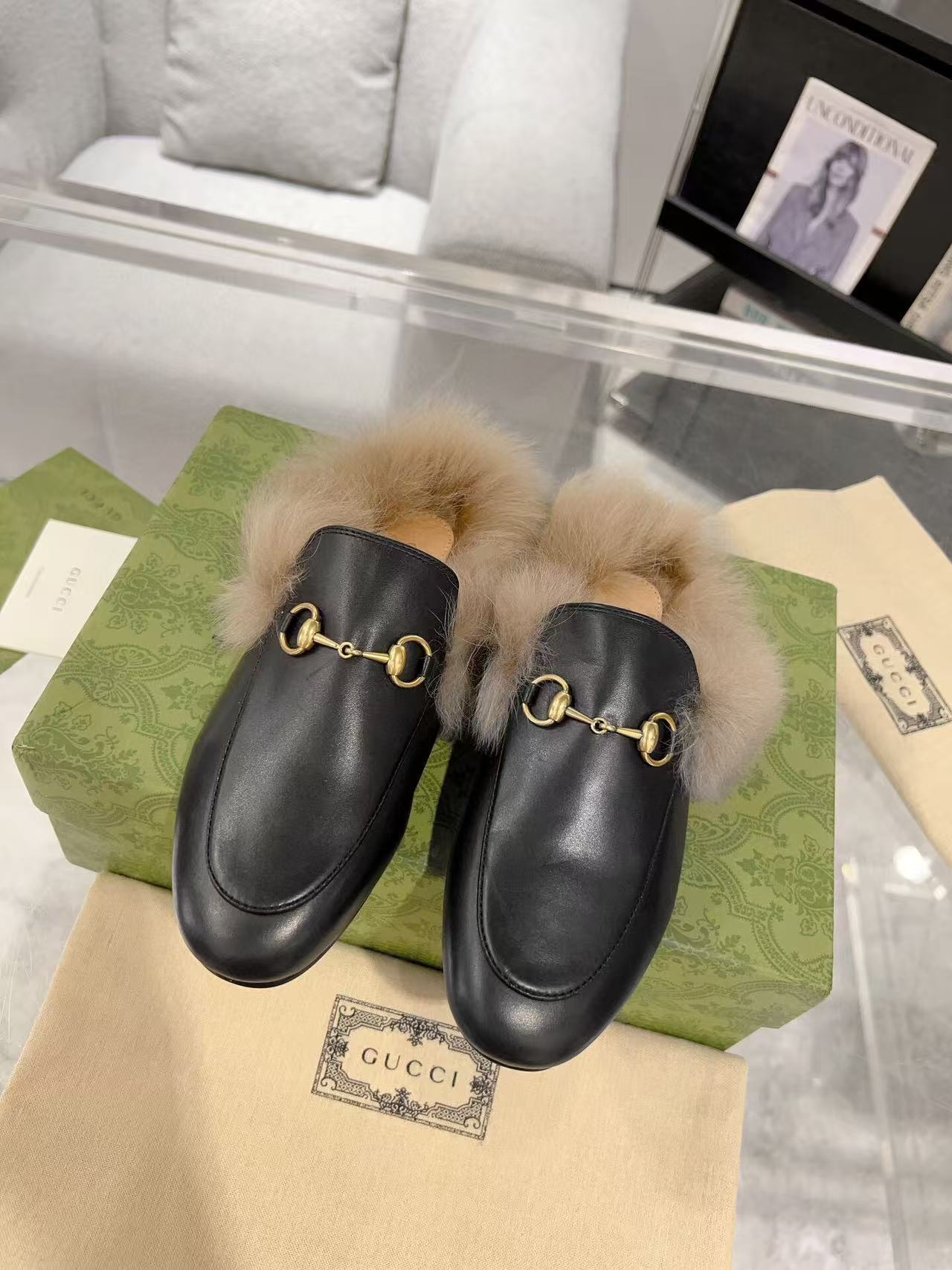 Luxury Gucci GG Princetown Slipper Black Calfskin Tuscan Wool