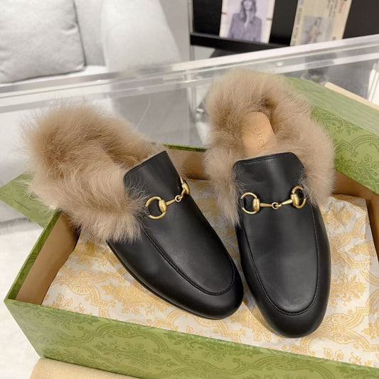 Luxury Gucci GG Princetown Slipper Black Calfskin Tuscan Wool