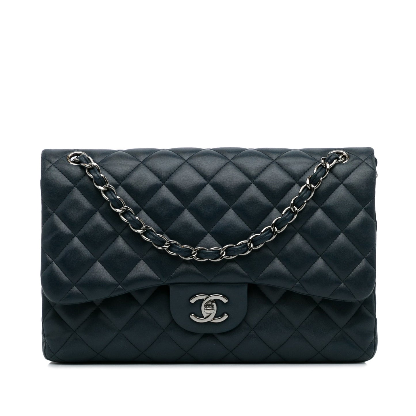 Luxury Chanel Classic Double Flap Jumbo Blue Lambskin Gold