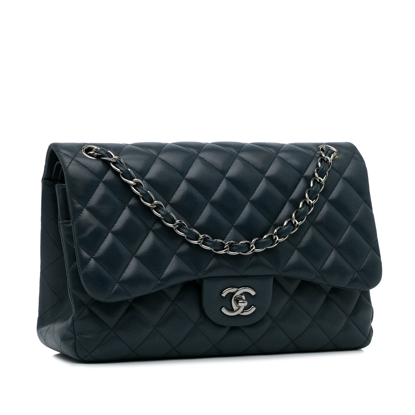 Luxury Chanel Classic Double Flap Jumbo Blue Lambskin Gold