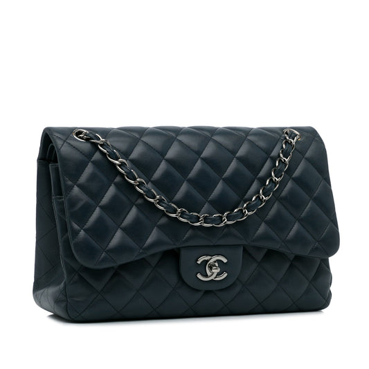 Luxury Chanel Classic Double Flap Jumbo Blue Lambskin Gold