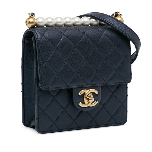 Luxury Chanel Flap Bag Chic Pearls Blue Lambskin Gold