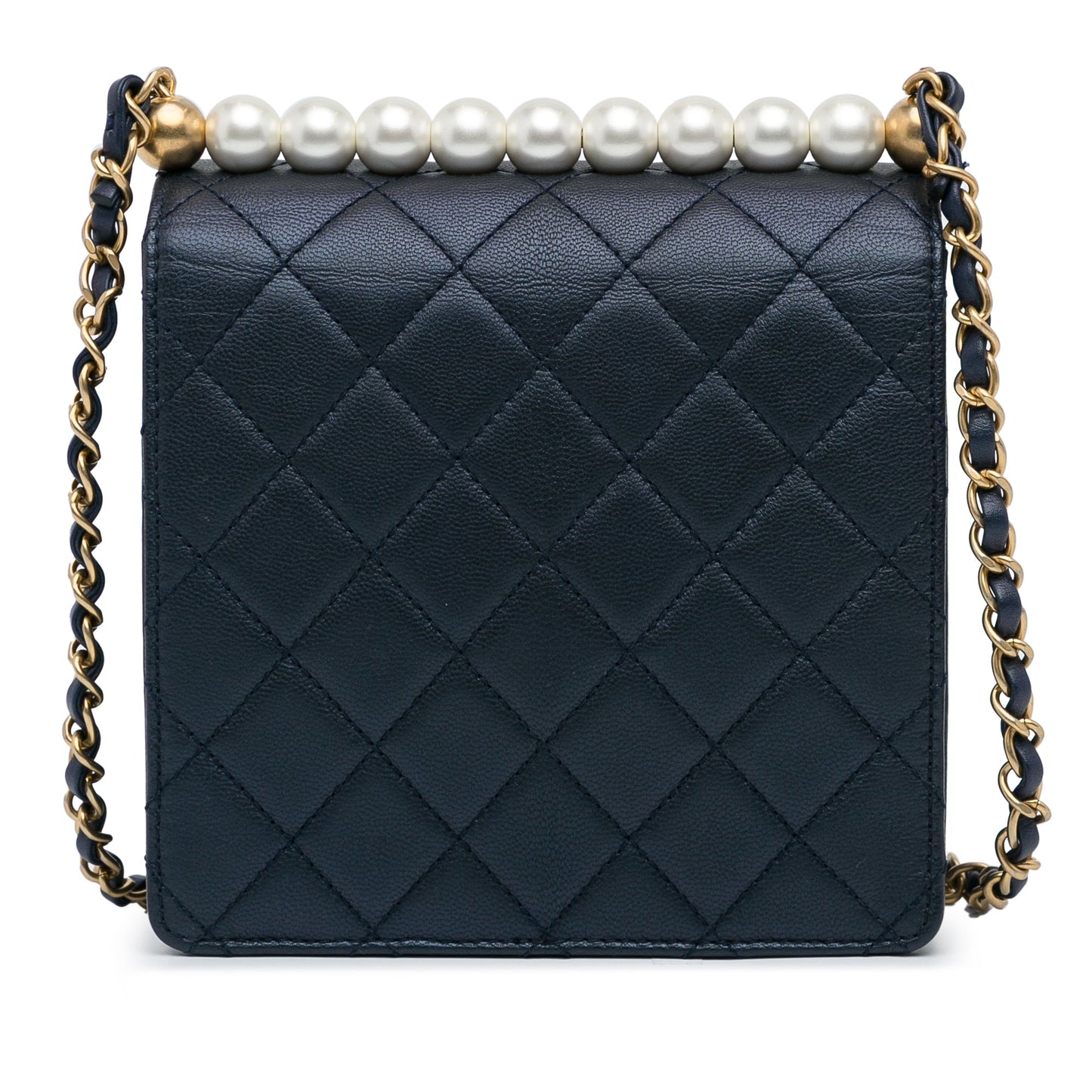Luxury Chanel Flap Bag Chic Pearls Blue Lambskin Gold