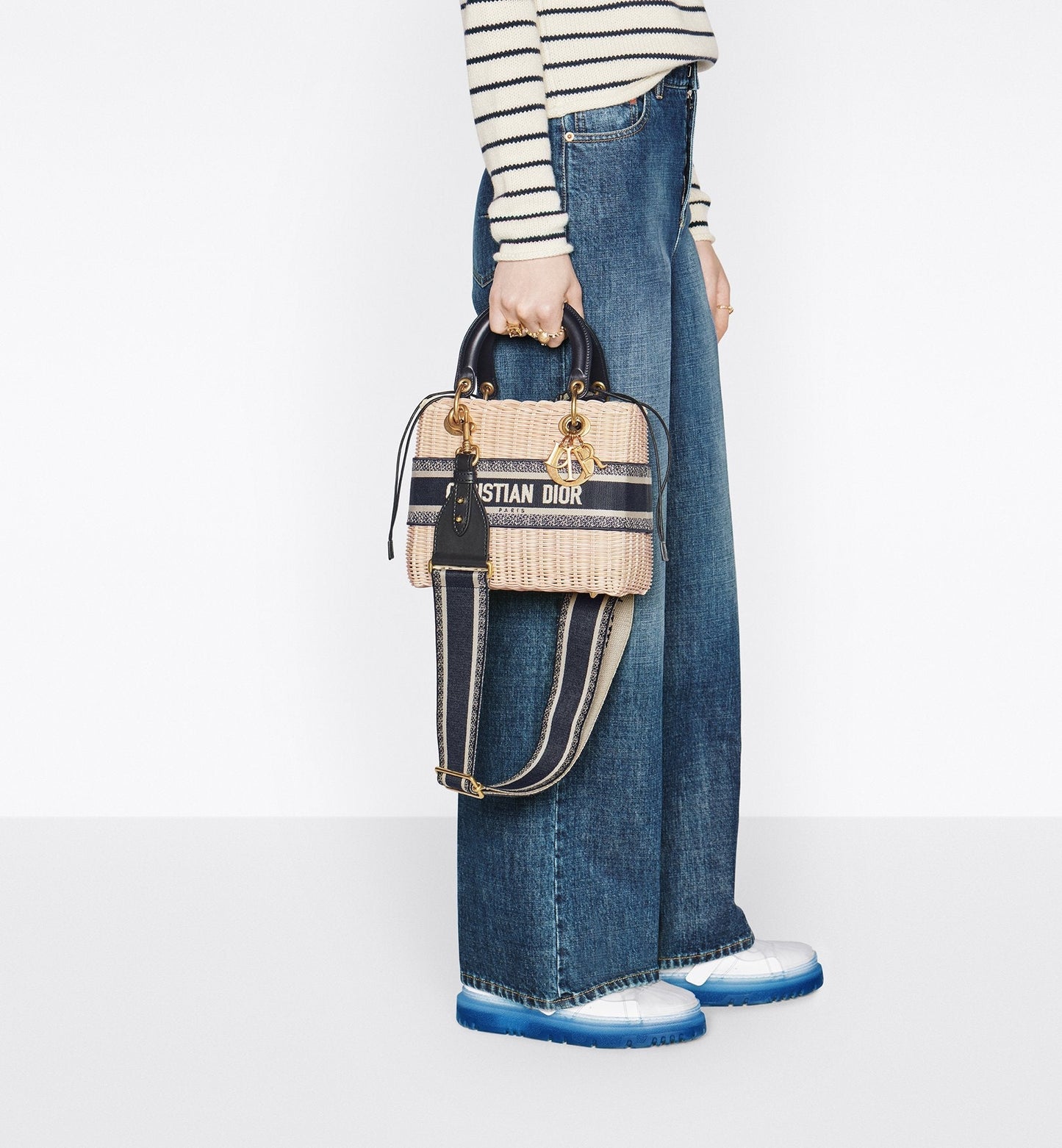 Medium Lady Luxury Dior Bag Natural Wicker And Blue Luxury Dior Oblique Jacquard