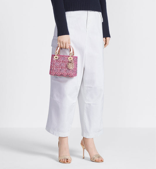 Mini Lady Luxury Dior Bag Metallic Calfskin And Satin With Rose Des Vents Resin Pearl Embroidery