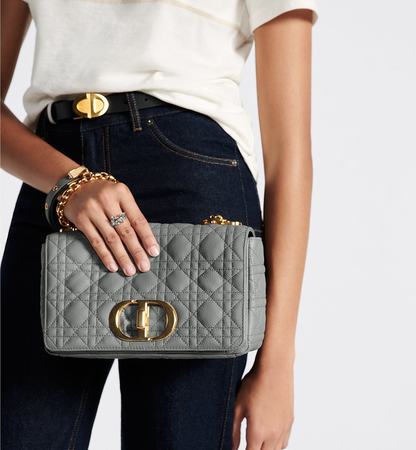 Medium Luxury Dior Caro Bag Stone Gray Cannage Supple Calfskin And Lambskin