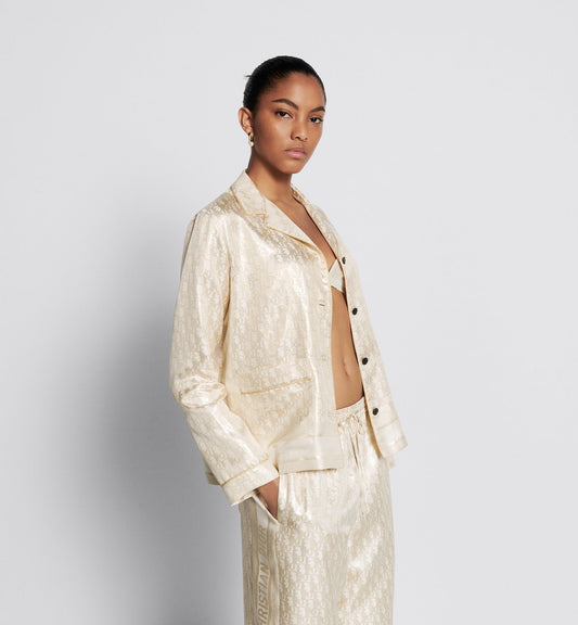 Or Shirt White And Gold Tone Silk Twill With Luxury Dior Oblique Motif