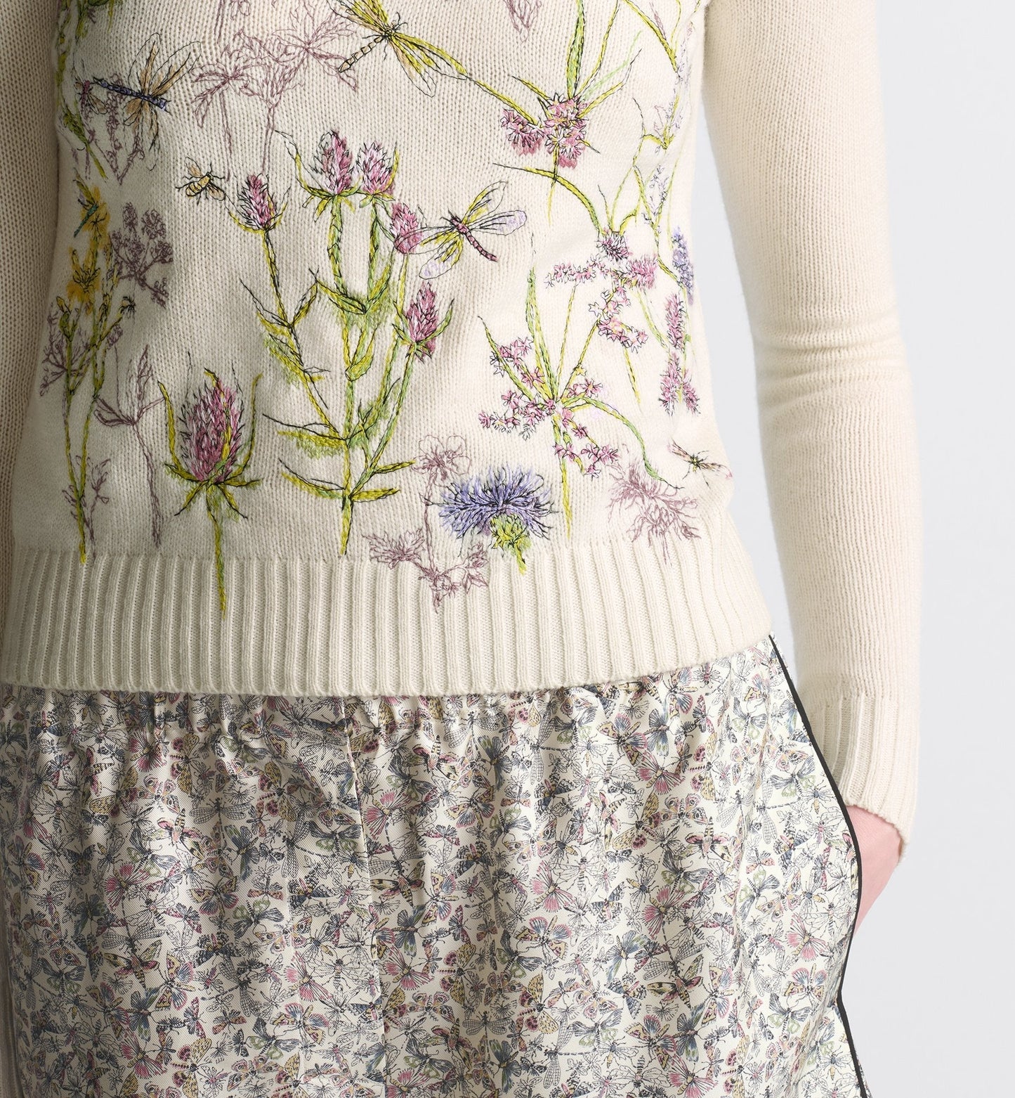 Embroidered Sweater White Cashmere Knit With Multicolor Luxury Dior Herbarium Motif